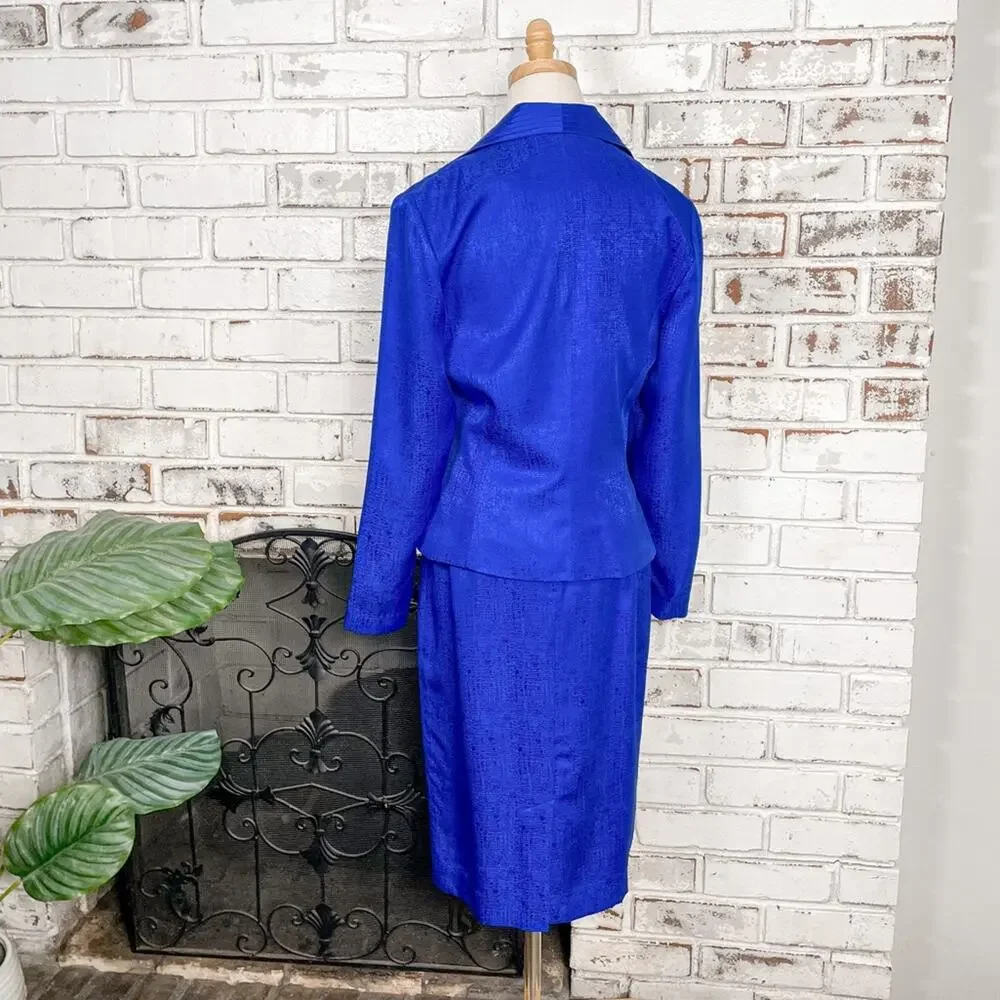 Vintage 90s Adrianna Papell Cobalt Blue Silk Two Piece Skirt Suit Set 6